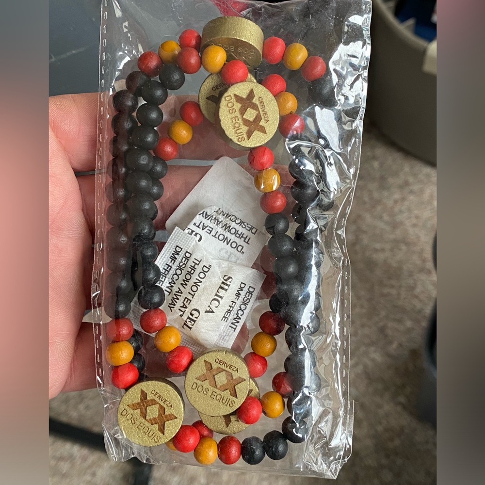 DOS EQUIS XX CERVEZA Wood Bead Necklace Beer MARDI GRAS Boho Party Vacation